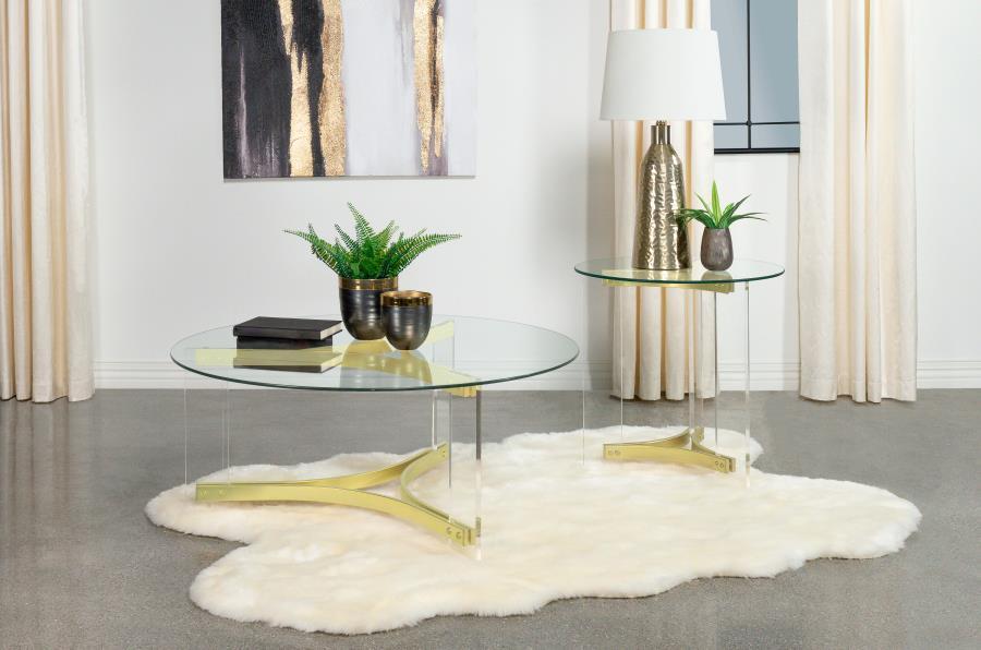 Janessa - Round Glass Top Coffee Table With Acrylic Legs - Clear And Matte Brass