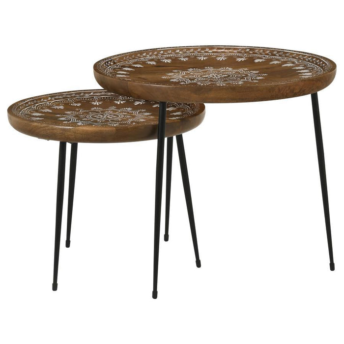 Nuala - 2 Piece Round Nesting Table With Tripod Tapered Legs - Honey And Black