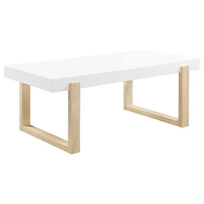 Pala - Rectangular Coffee Table With Sled Base - White High Gloss and Natural
