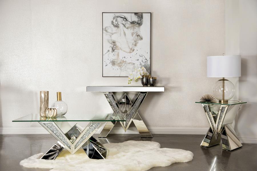 Taffeta - V-Shaped Sofa Table With Glass Top - Silver